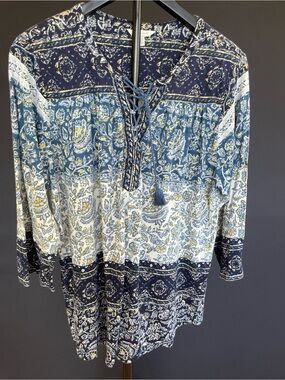 Lucky Brand Boho Paisley Peasant Tunic long sleeved Top Blue White 2X